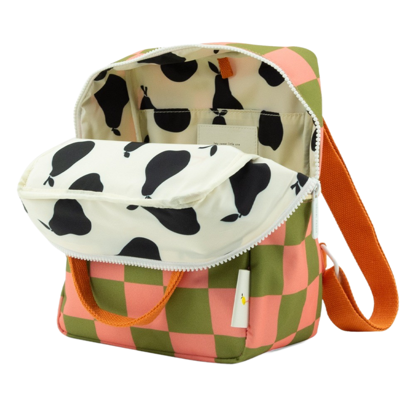 sticky lemon backpack small - checkerboard / sprout green / flower pink