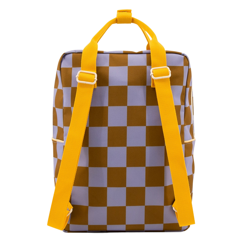 sticky lemon backpack large - checkerboard / blooming purple / soil green