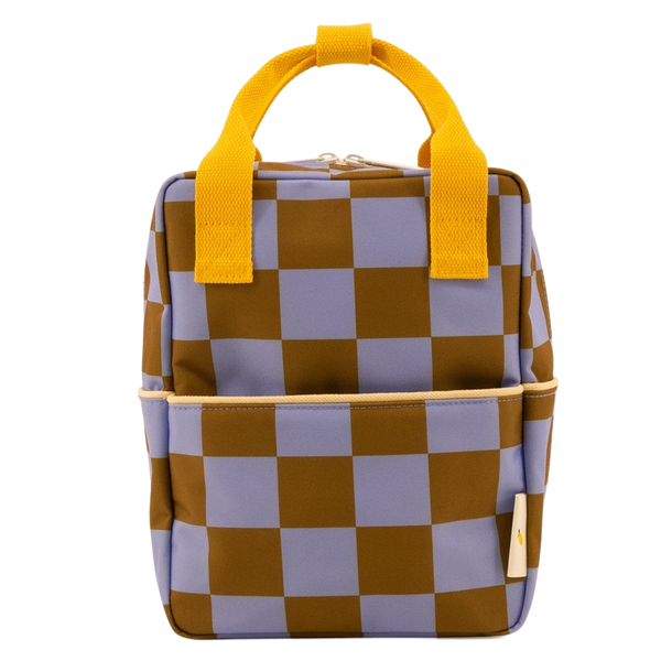sticky lemon backpack small - checkerboard / blooming purple / soil green