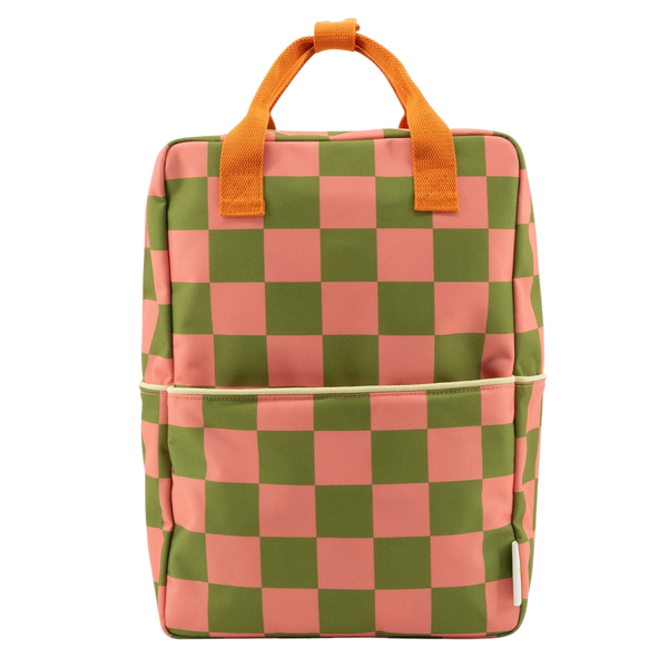 sticky lemon backpack large - checkerboard / sprout green / flower pink