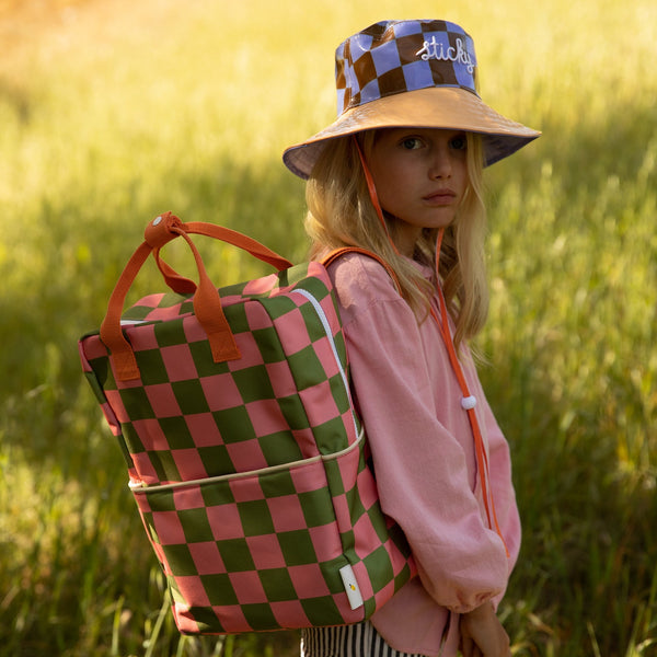 sticky lemon backpack large - checkerboard / sprout green / flower pink