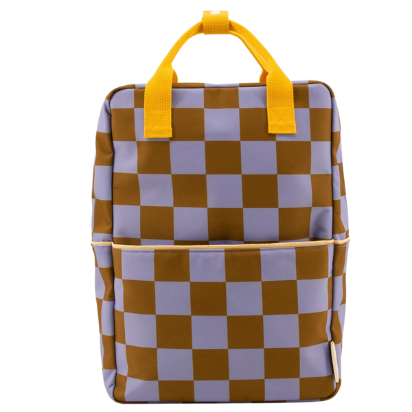 sticky lemon backpack large - checkerboard / blooming purple / soil green