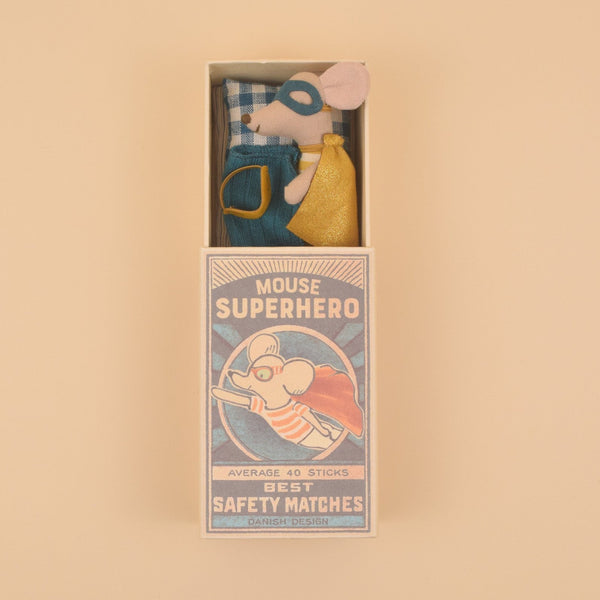 maileg super hero mouse in matchbox